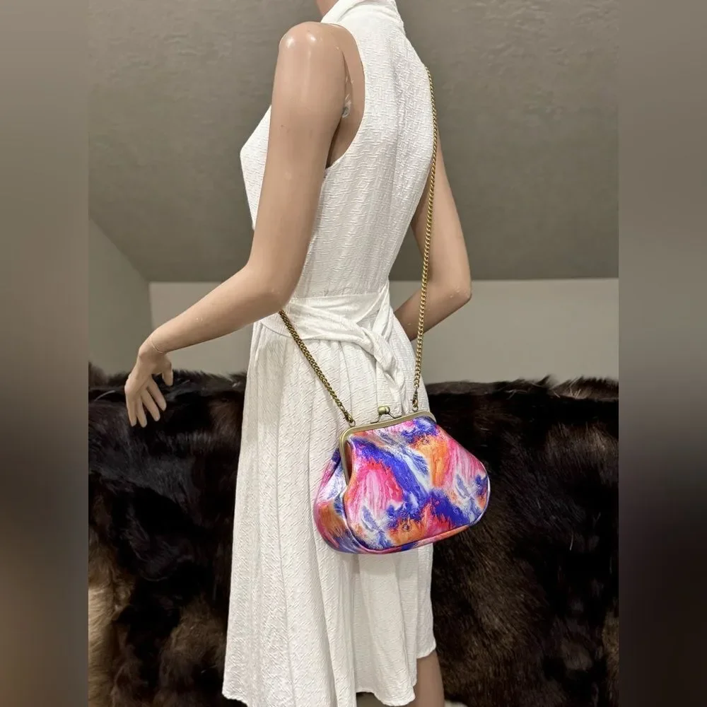 Iridescent Genuine Leather Handmade Vintage Style Kisslock Handbag, Crossbody